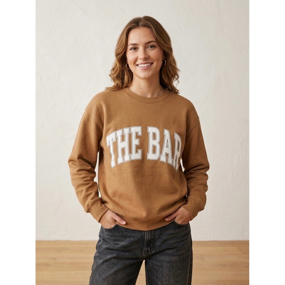 The Bar Sweatshirt Tan Brown Collegiate Logo Fleece Pullover Mens Medium